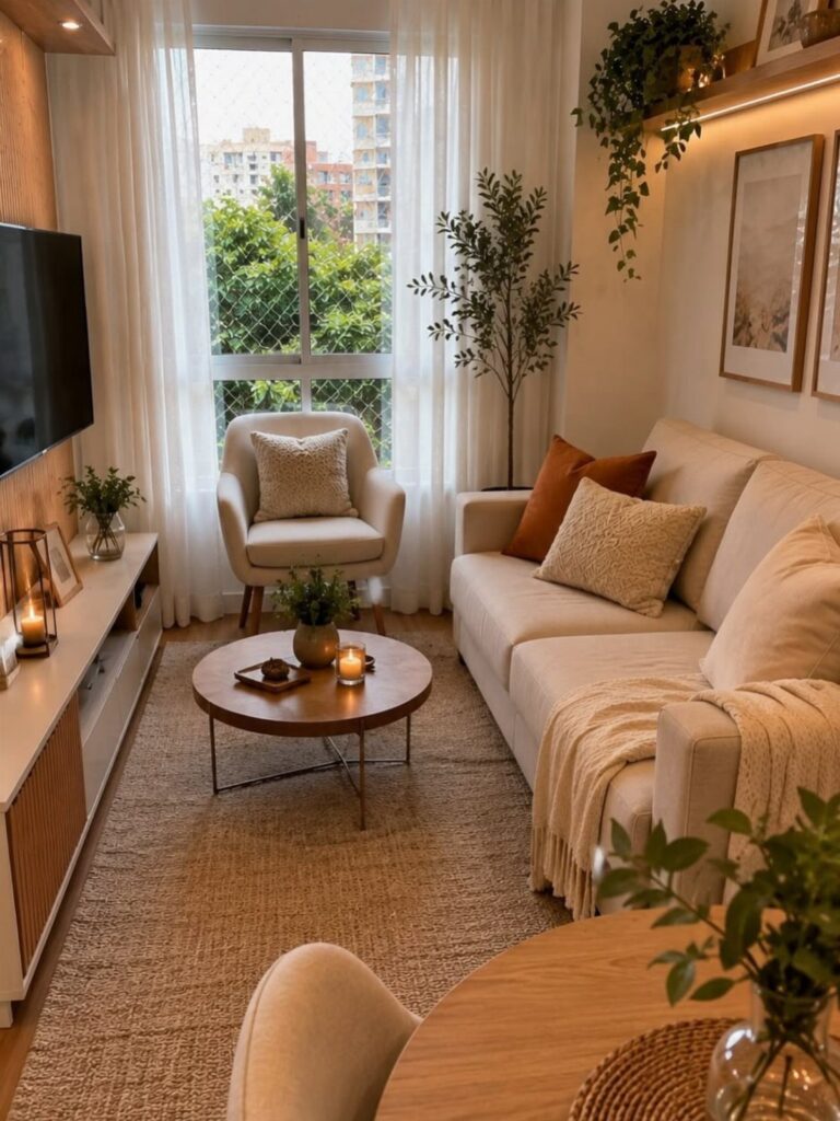Compact living room with beige furniture, wooden coffee table, and indoor greenery.