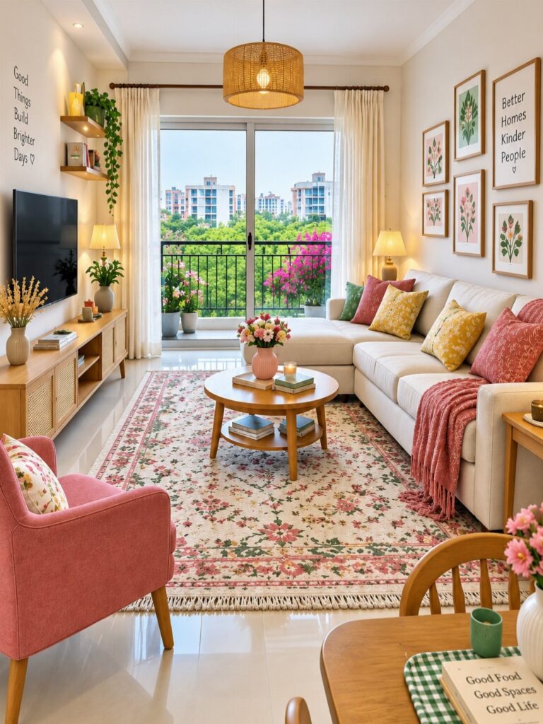Small living room with cream sofa, pink armchair, and floral rug near balcony.