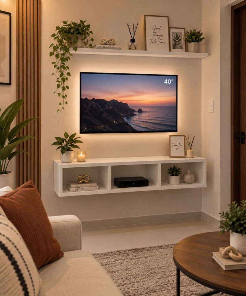 Wall-mounted TV in a small living room with white floating shelves and plants.
