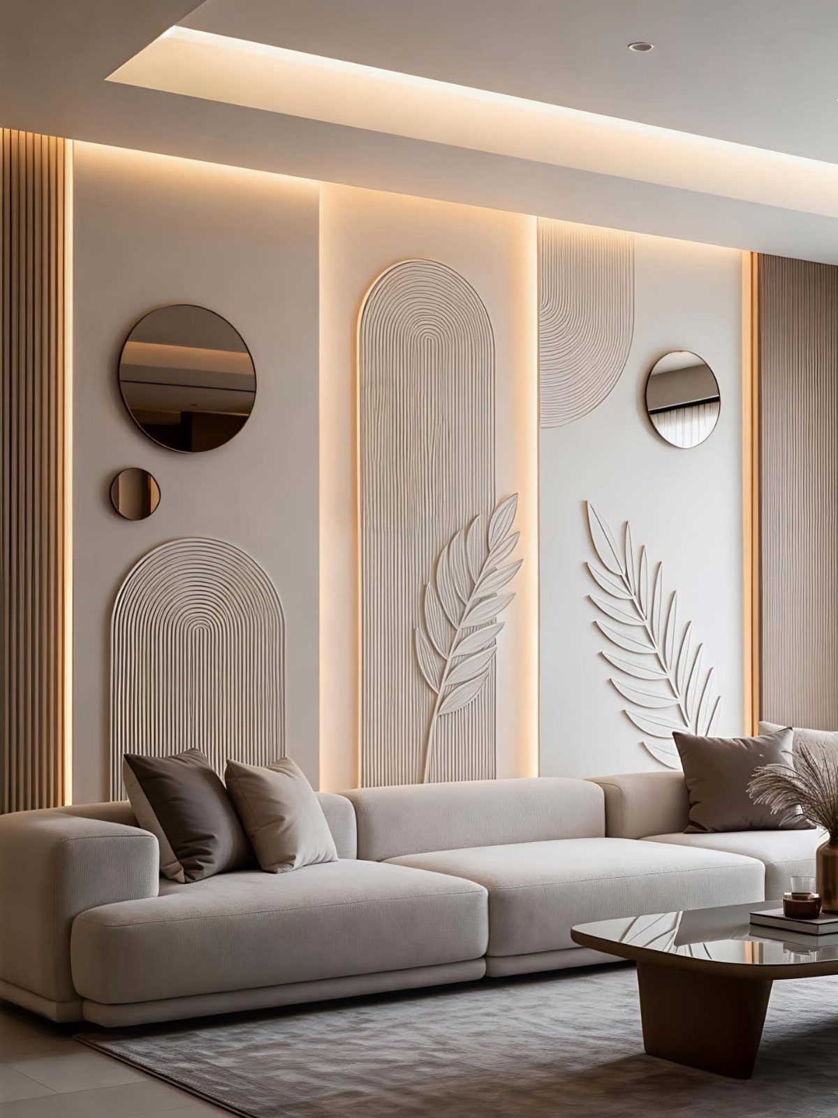Modern living room with textured beige wall panels, circular mirrors, and grey sofa.